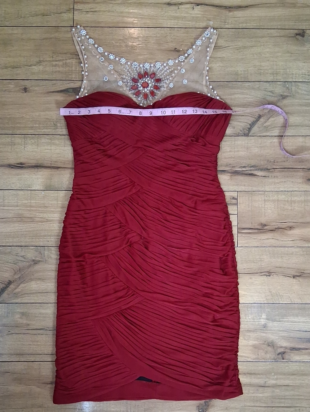 Adrianna Papell Deep Red Beaded Illusion Neck Cocktail Pleated Dress Medium - Picture 16 of 16